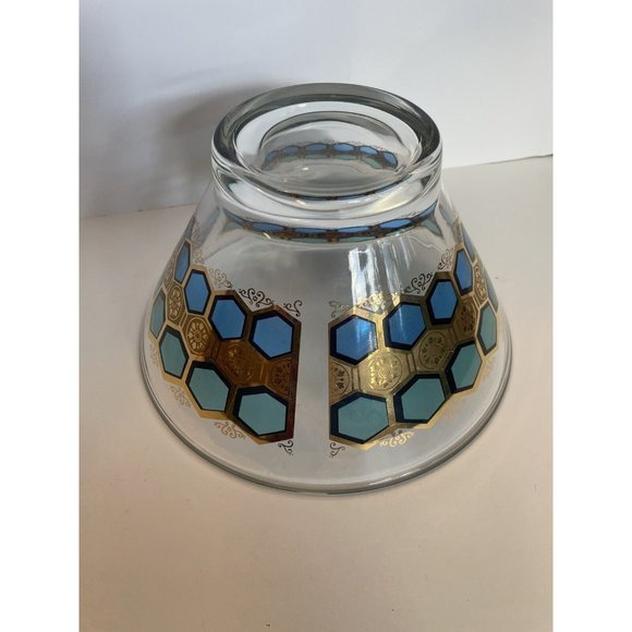 MCM Glass Salad Bowl With Wood & Metal Stand Aqua Blue & Gold Trim - Picture 8 of 12